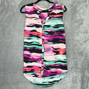 Apt 9 1X Shirt Top Purple Green Striped Button Up Sleeveless V Neck High Low